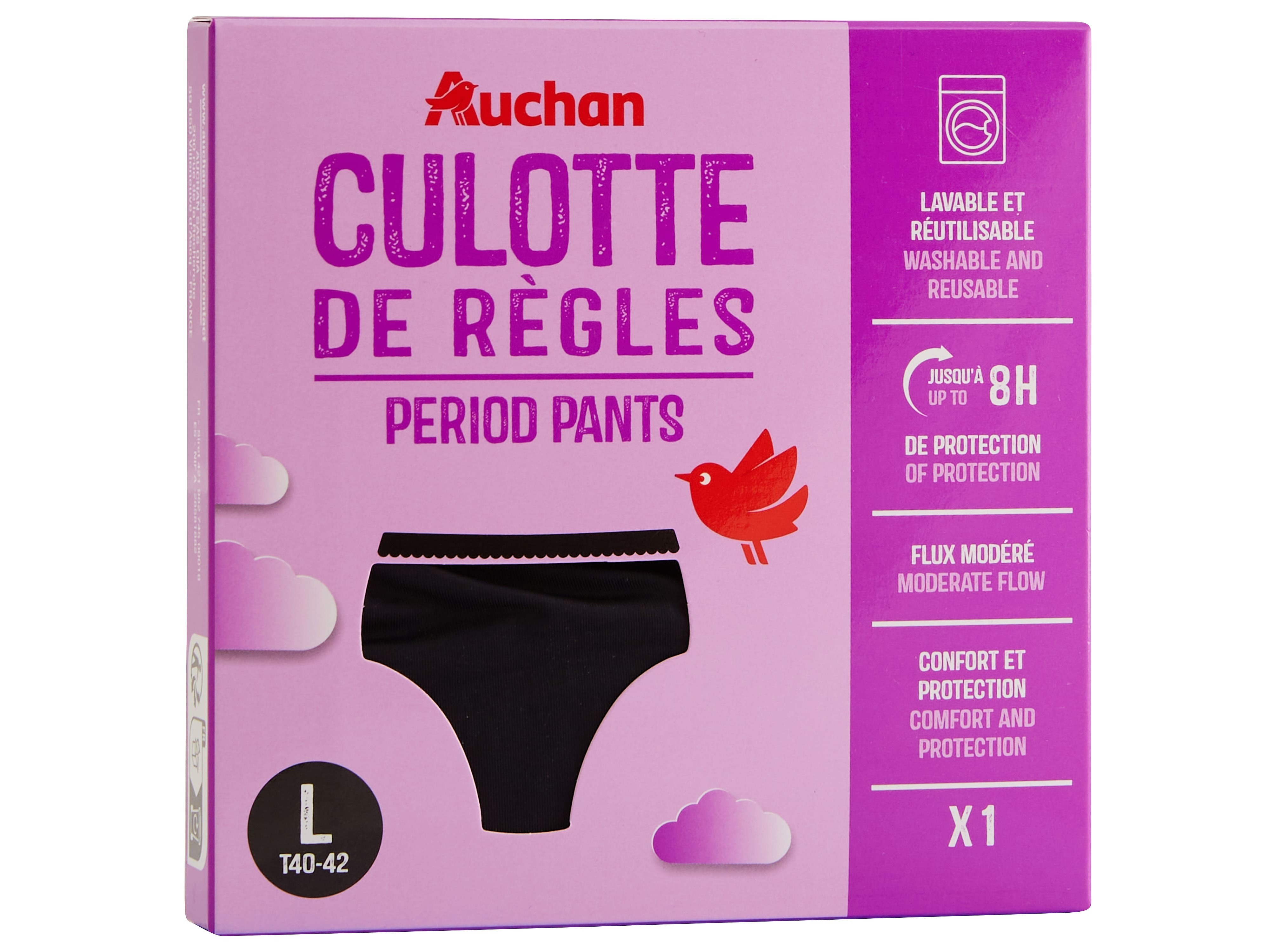 CUECA MENSTRUAL AUCHAN PRETO FLUXO MODERADO TAMANHO L 1UN