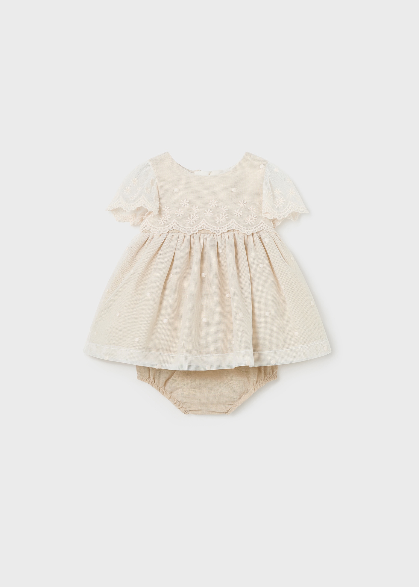 Vestido de tule bordado Nata-Jade com capa para fralda para recém-nascidos.