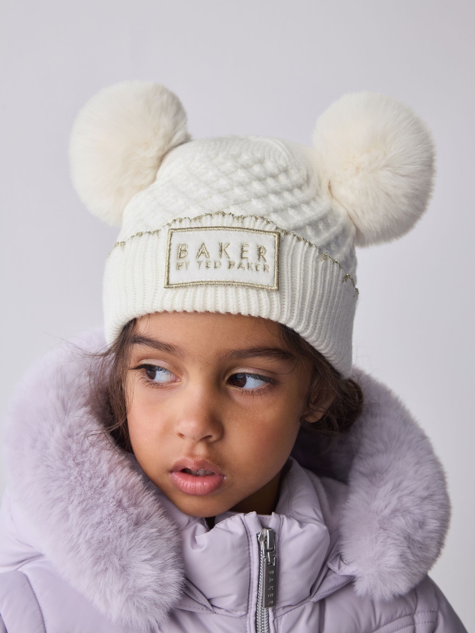Crème - Baker By Ted Baker - Set van muts met dubbele pompon en oren en wanten voor meisjes