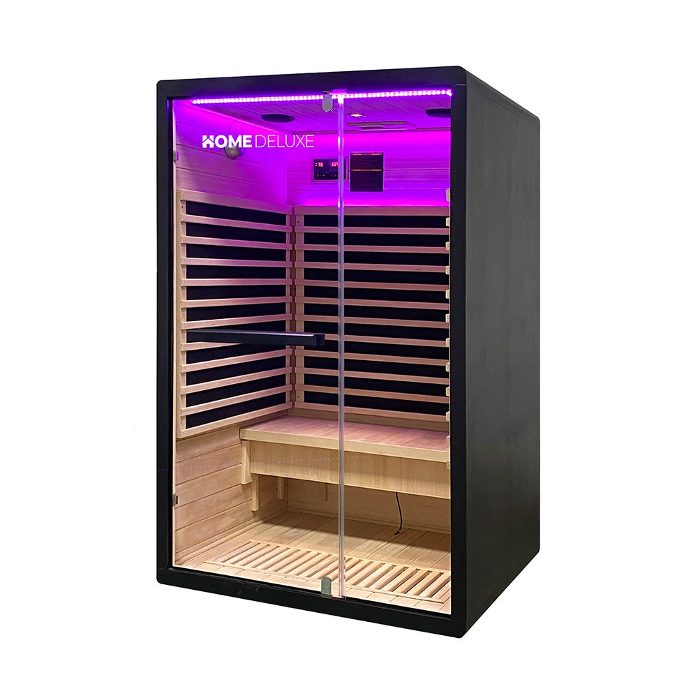 Home Deluxe – Infraroodcabine – NERO - M – 120 x 105 x 190 cm – voor 2 personen, 4 koolstofpaneelverwarmers – Hout: Hemlockspar | Infraroodsauna, sauna, warmtecabine, infrarood