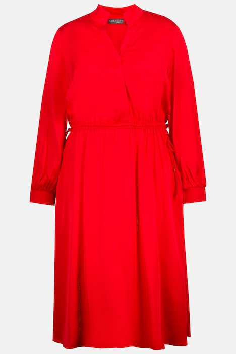 Satinkleid, Midikleid, V-Ausschnitt, Tunnelzug, Langarm