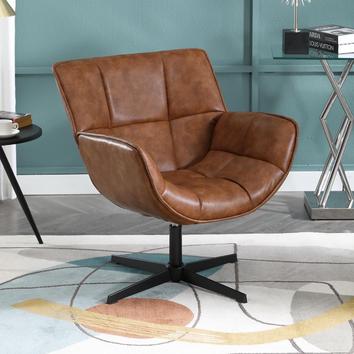 Loungesessel Armlehnstuhl 360° Drehbar, Sessel Akzentsessel mit Metallbeinen Ohrensessel Polsterstuhl aus PU Kunstleder, für Wohnzimmer Schlafzimmer, Braun