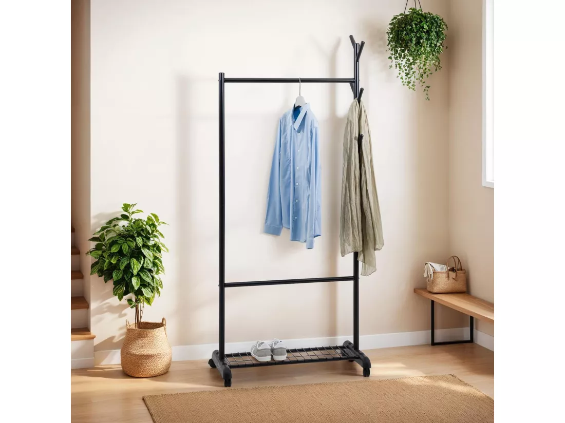 Penderie mobile AURIGO avec portemanteau, portant à vêtements sur roulettes, avec étagère à chaussures, en métal laqué noir