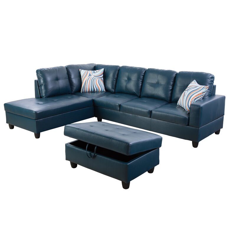 Wilhelmine 103.5&prime;&prime; Wide Faux Leather Sofa & Chaise With Ottoman