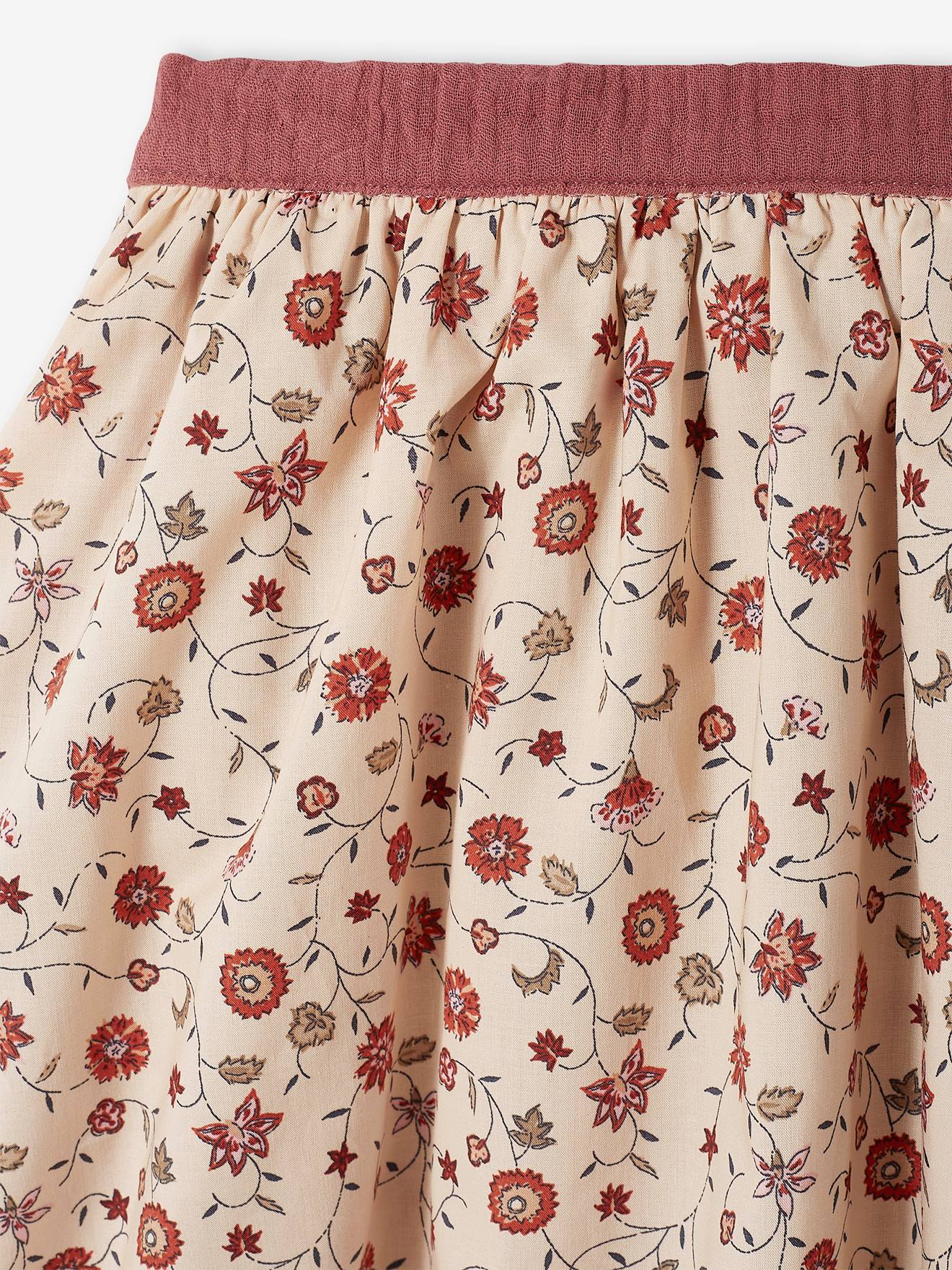 Saia reversível, lisa ou com estampa floral, para meninas, marrom claro liso