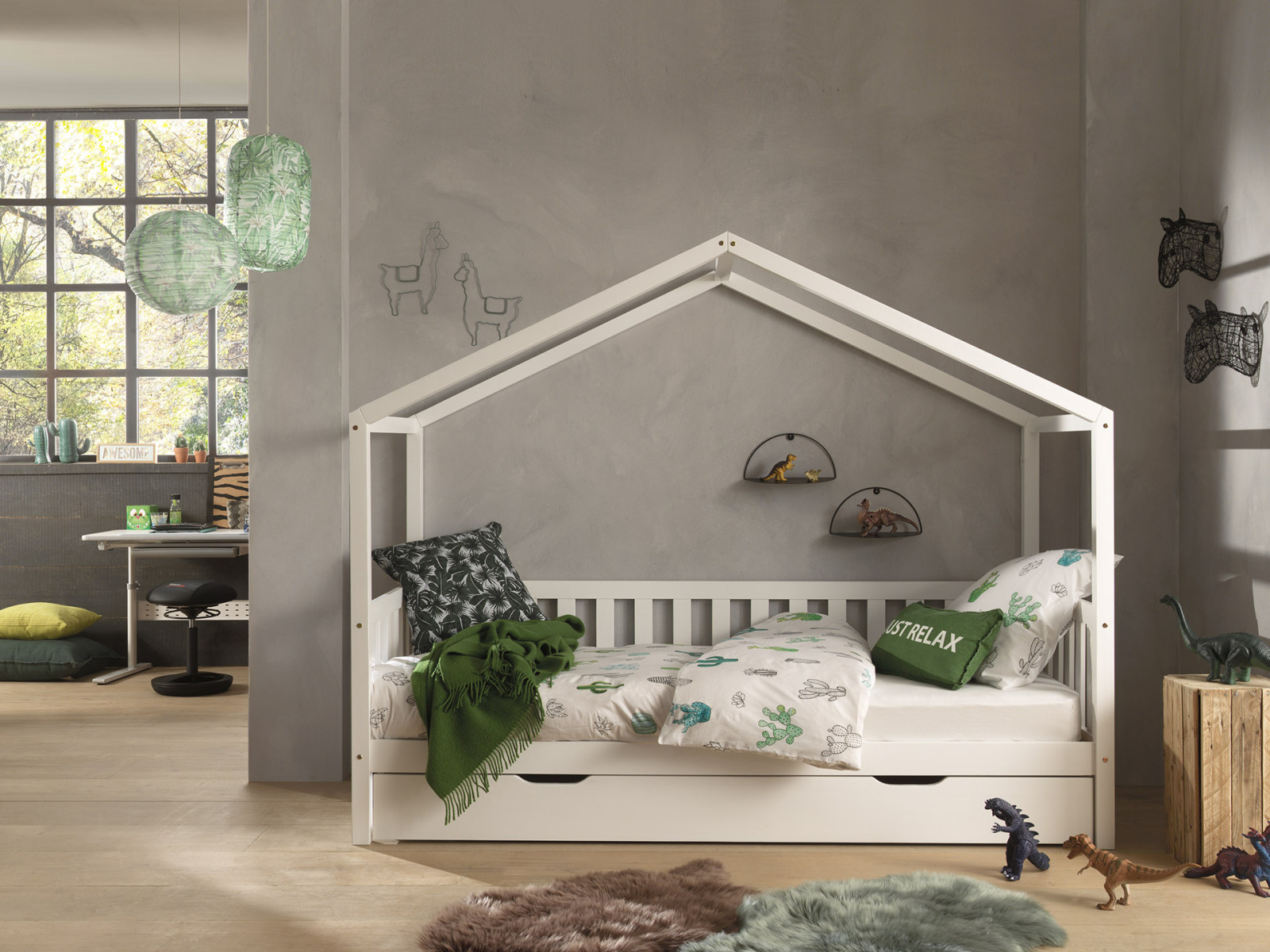Hausbett DALLAS - weiß - Kiefer massiv - 90x200 cm - Bettschublade