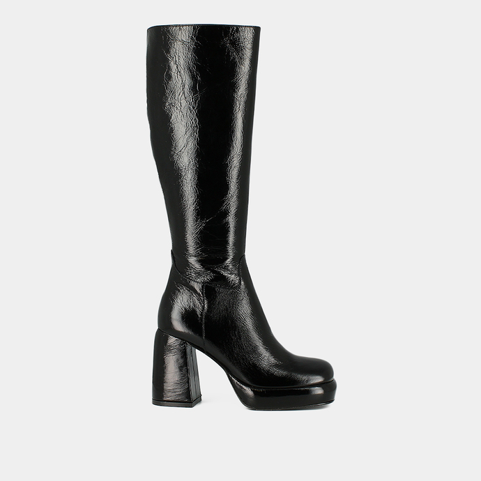 Bottes à talons et plateformes  en cuir brillant noir
