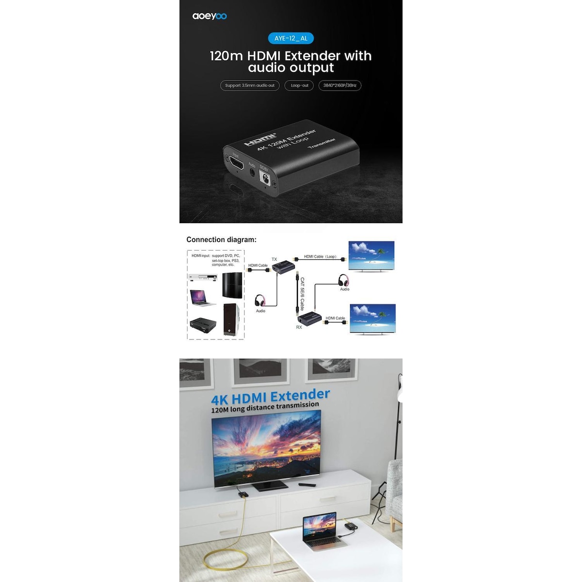 NÖRDIC HDMI Cat6 forlengelse 120m 4K30Hz HD med loop EDID funksjon HDMI Extension