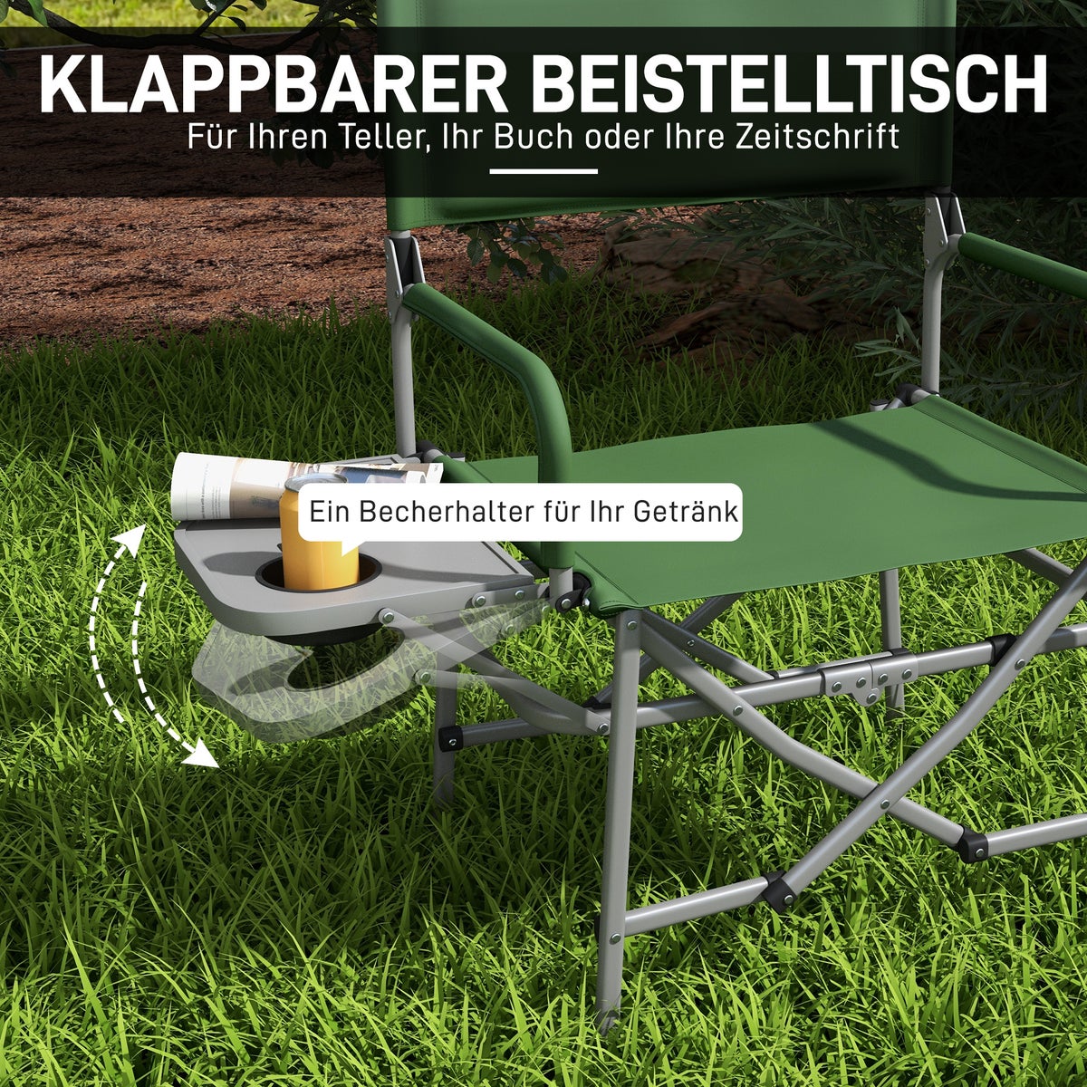 Outsunny Regisseursstoel, opvouwbare kampeerstoel met bijzettafel, voor kamperen, strand, 81L x 51B x 87H cm, Oxford, groen