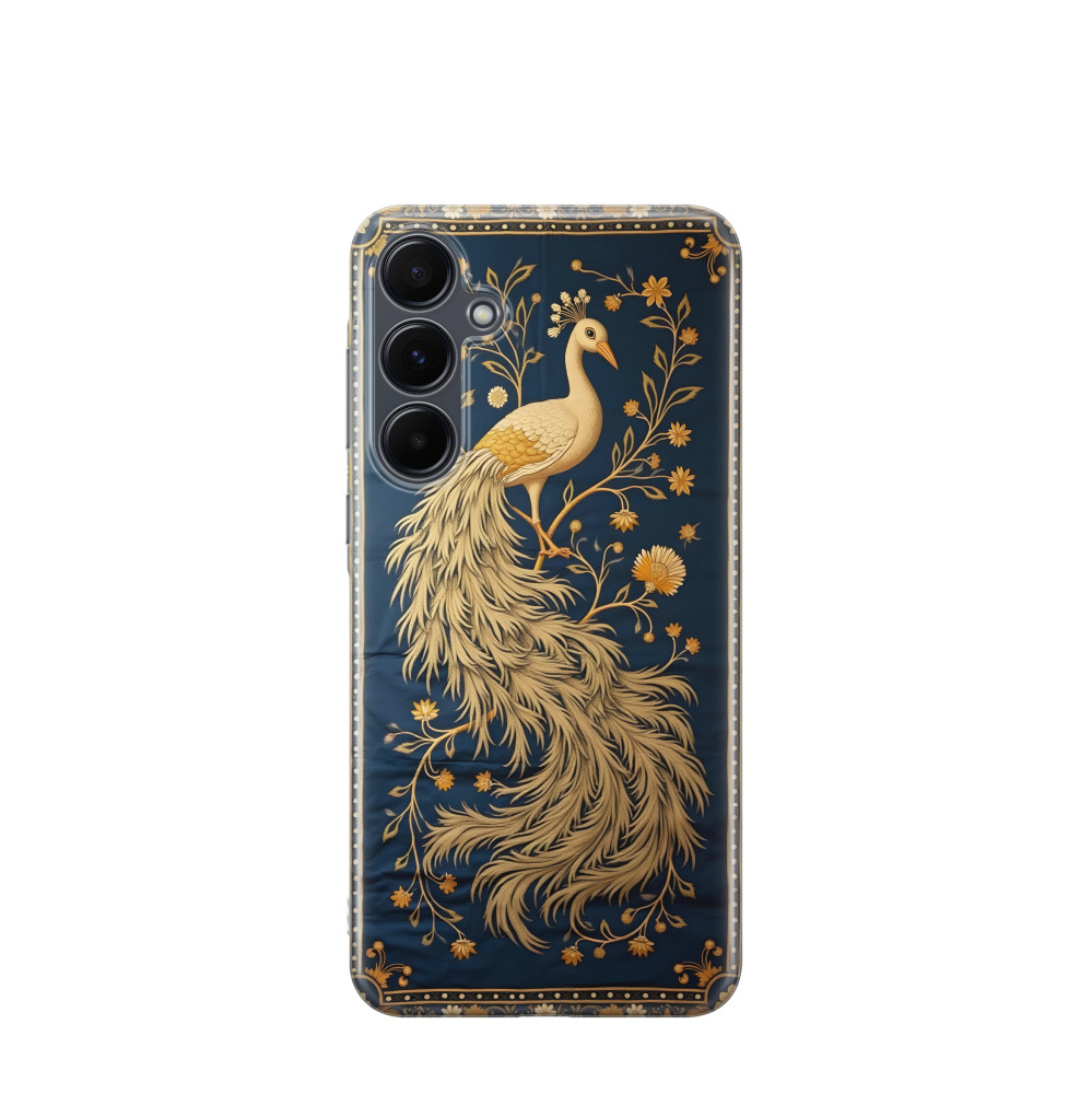 Samsung Galaxy A55 Gummi Hülle Goldener Pfau des Orients - Blau