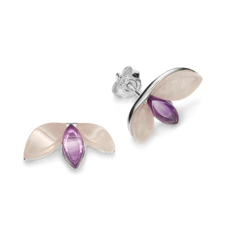 Boucles d'oreilles Lotus en Quartz Rose et Améthyste