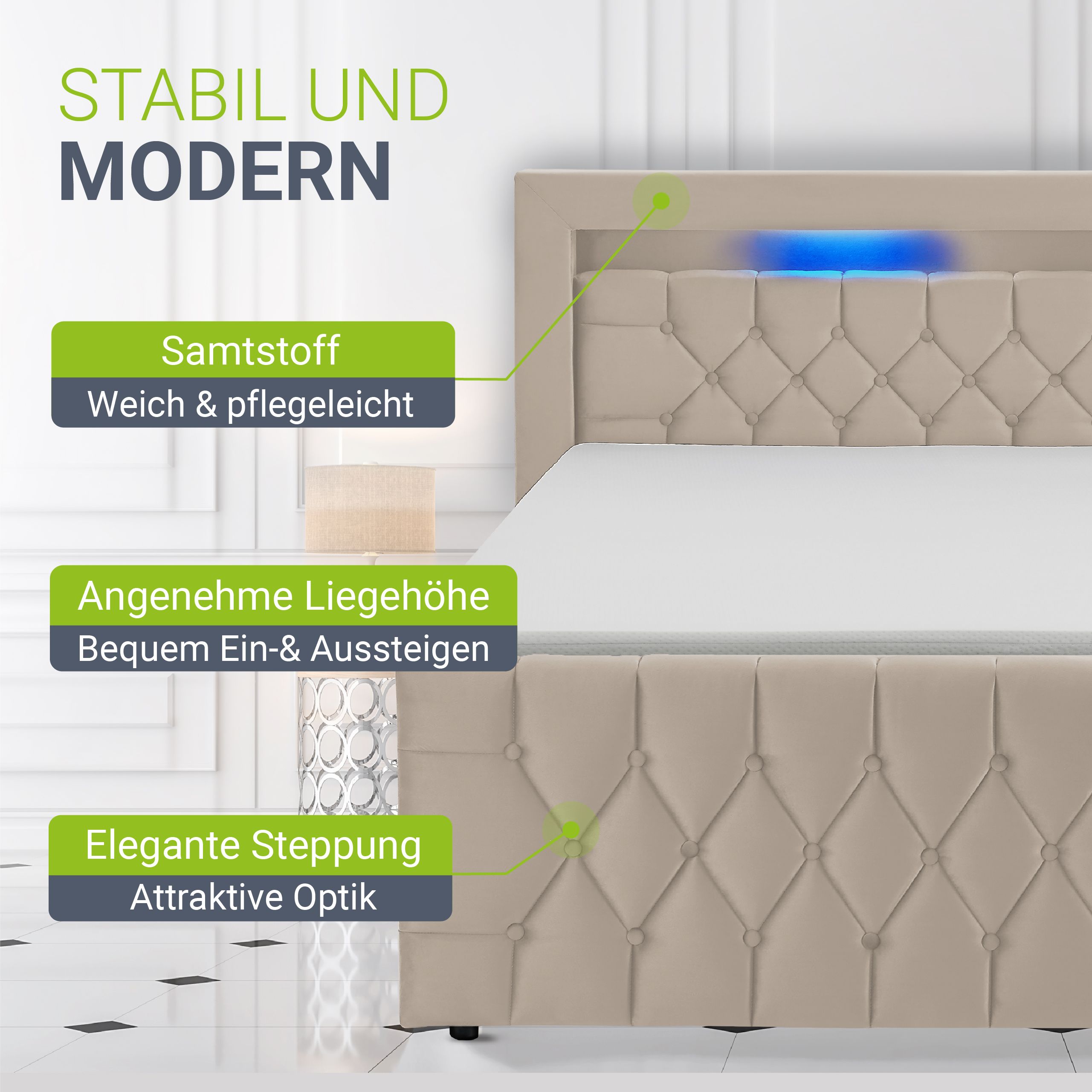 Juskys Boxspringbett Leona Samt 140x200 cm in Beige – mit LEDs, Topper & H4-Federkern-Matratzen