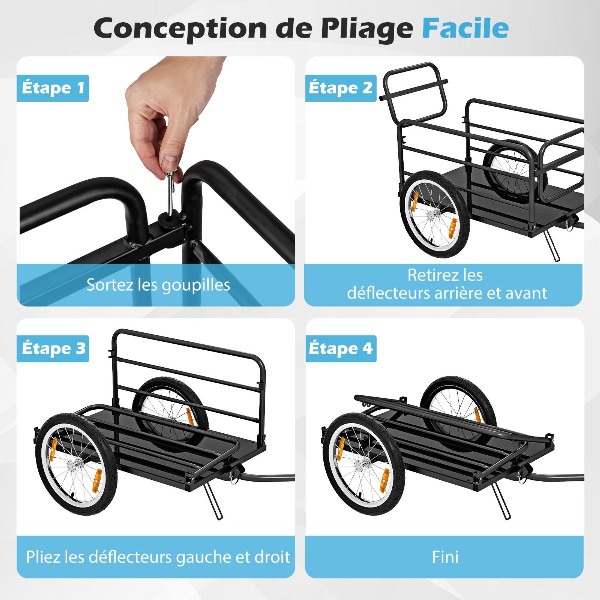 Remorque de Vélo avec Cadre Pliable Charge 55 kg Chariot pour Vélo avec Housse en Tissu Oxford Roues à Air de 40 cm Réflecteurs Bleu - Lidl-Manfred