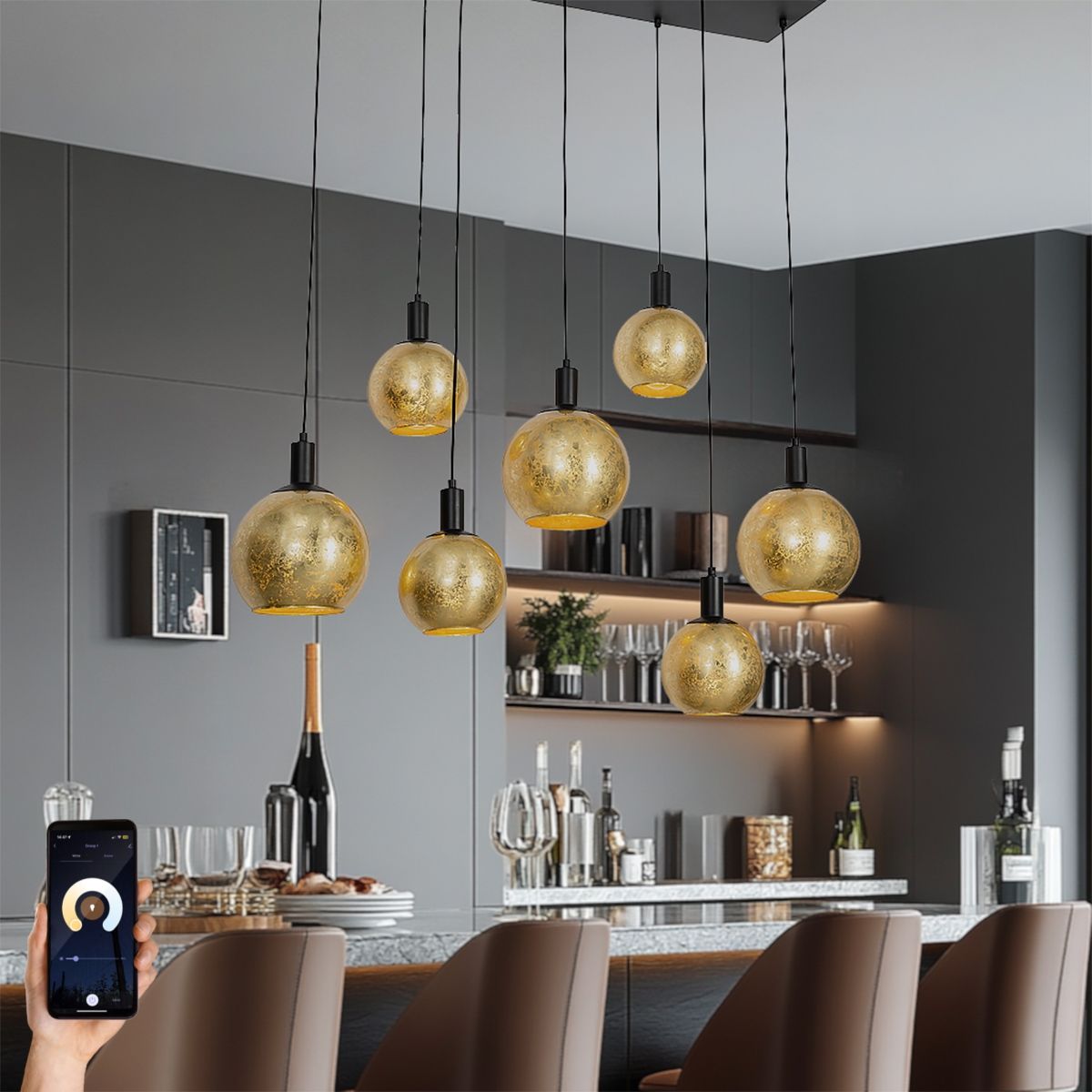 Smart hanglamp zwart met goud glas 7-lichts incl. 7 Wifi A60 - Bert