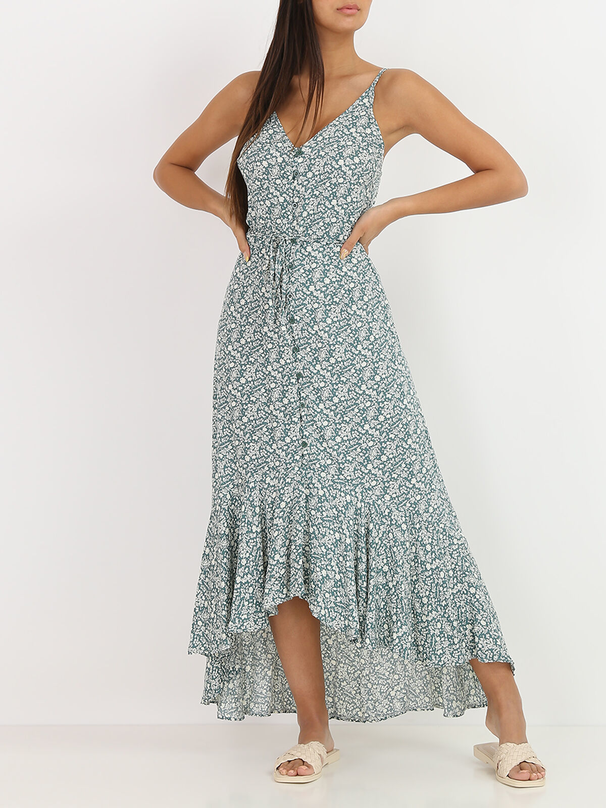 Robe longue fleurie à boutons- Vert
