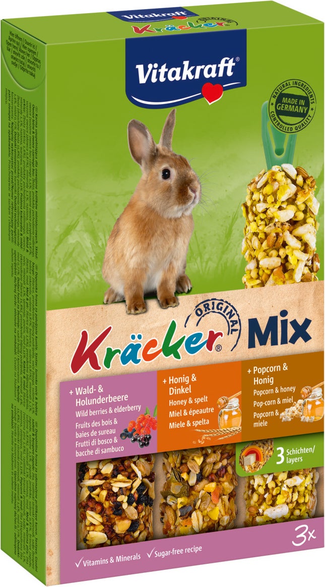 Vitakraft konijnensnack Kräcker Mix bosbessen/honing/popcorn 3 stuks