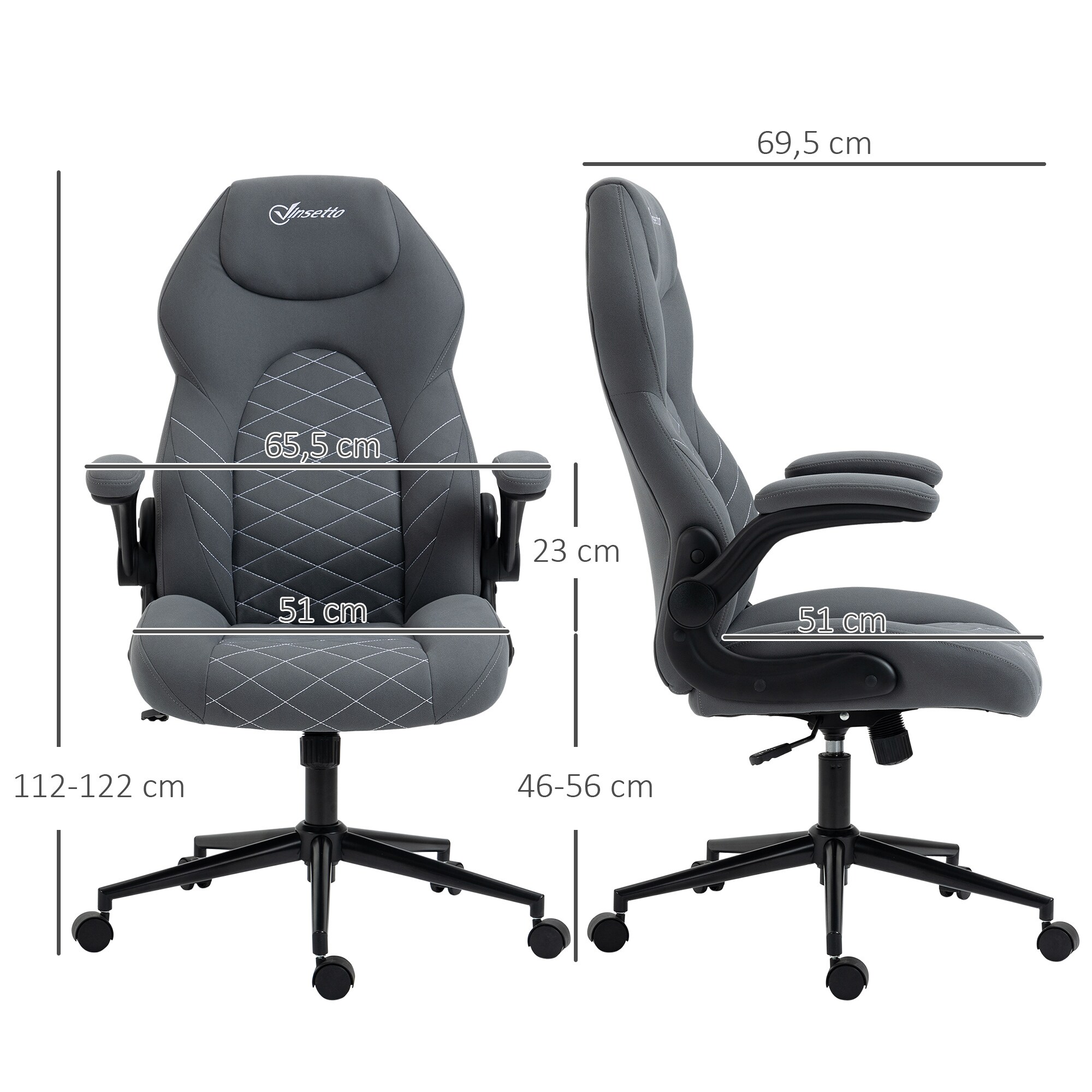 Vinsetto Bürostuhl mit Kopfstütze und Armlehnen grau 65,5L x 69,5B x 112-122H cm