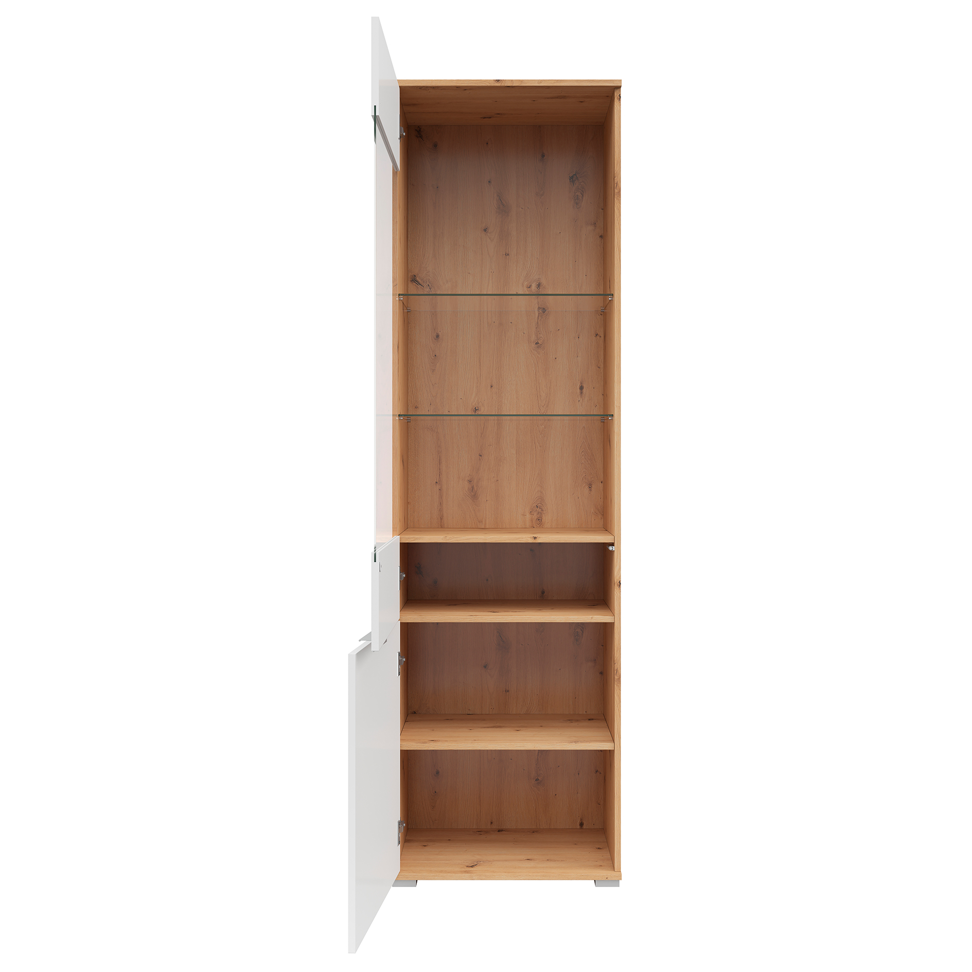 Standvitrine - weiß Glanz - Artisan Eiche - 195 cm hoch