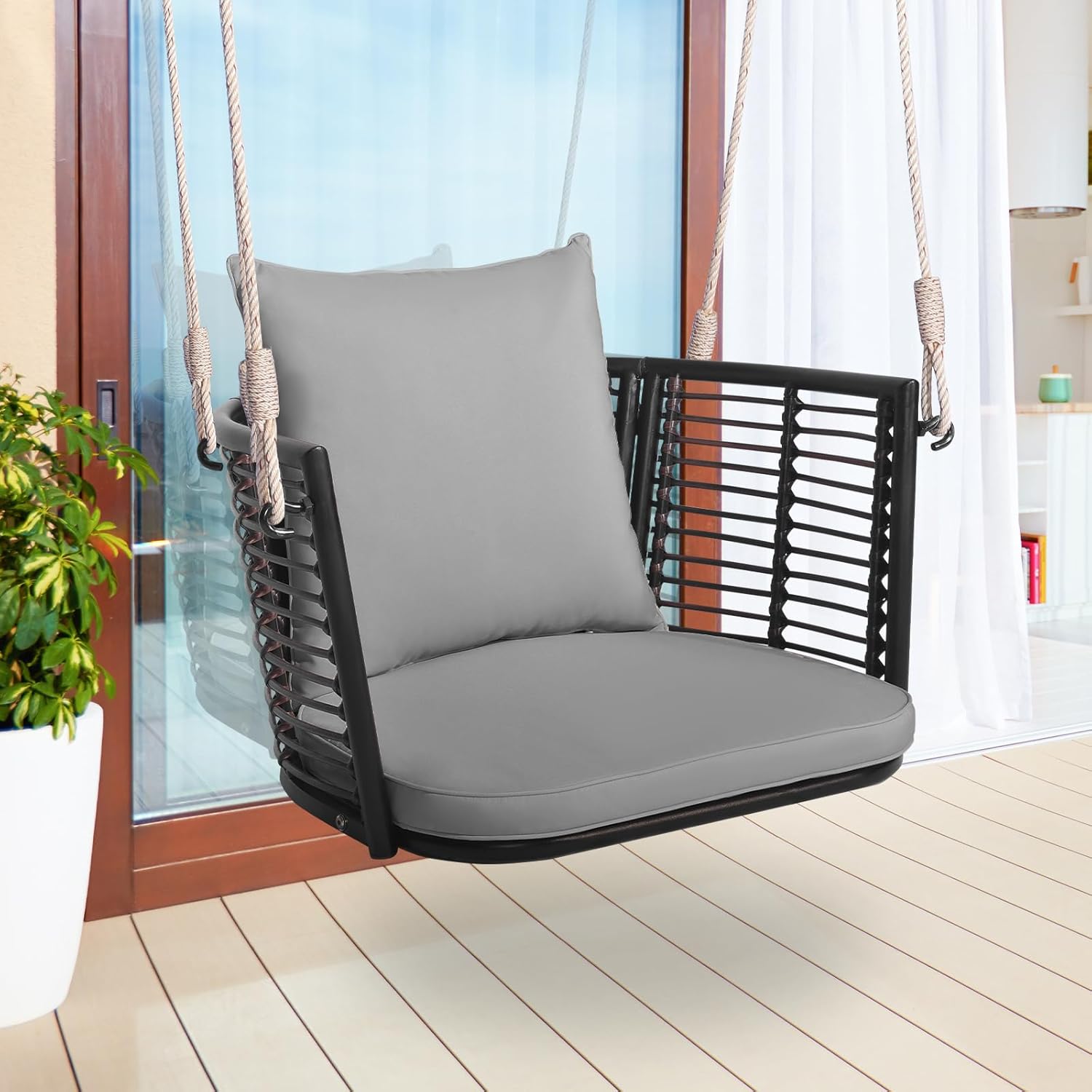 COSTWAY Hängesessel Rattan, bis 180kg belastbar, Hängesitz mit Kissens & Metallrahmen & Hängeseilen, Hängestuhl Schaukelstuhl Schaukel, Schaukelsessel für Veranda Garten Hinterhof (Grau)