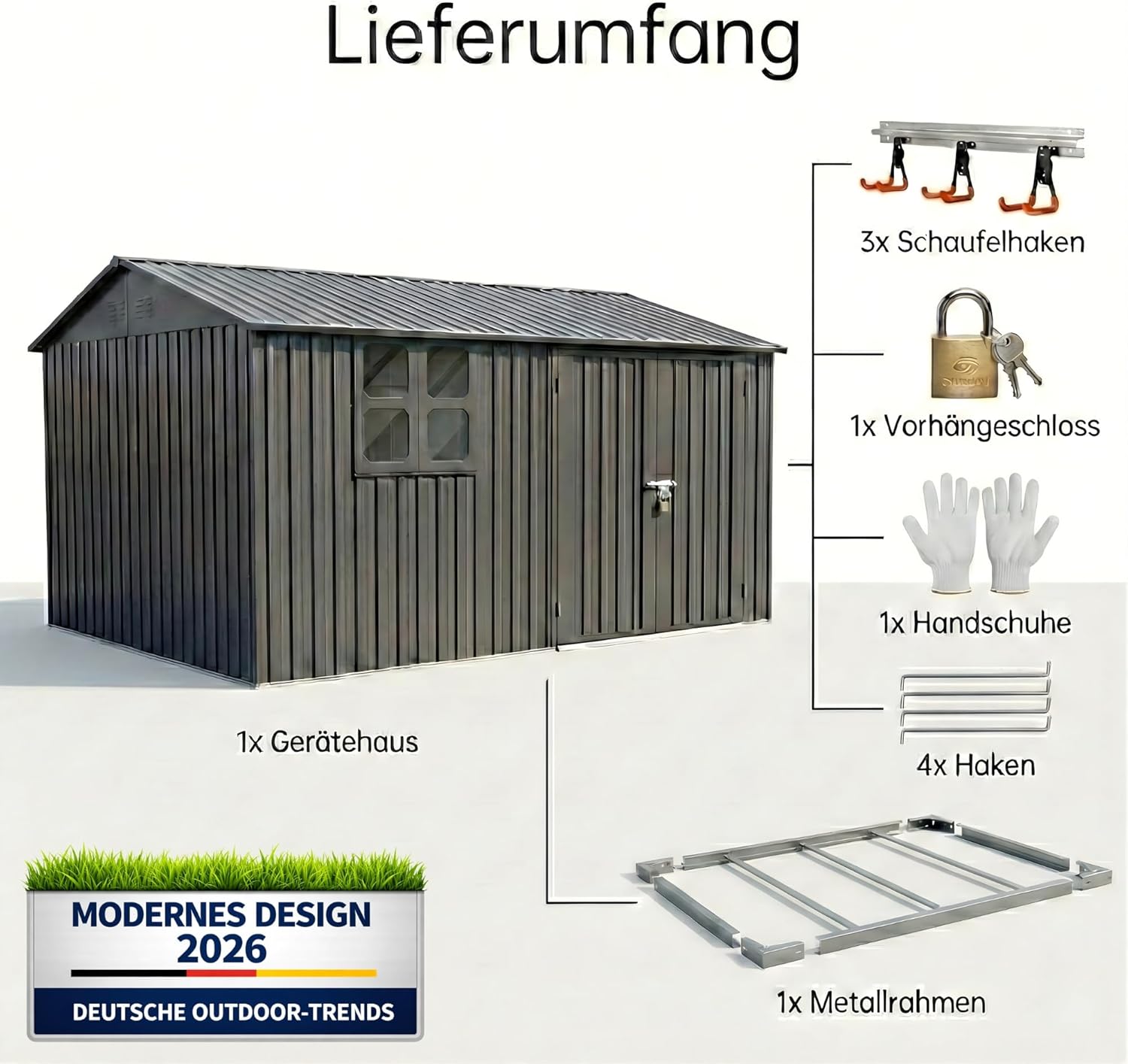 Albatros Gerätehaus 3XL | Anthrazit RAL 7016 | 371x304x201cm (22,6m³) | abschließbar inkl. Schloss & Werkzeughaken | Gartenhaus aus verzinktem wetterfestem Metall | Geräteschuppen Gartenschrank