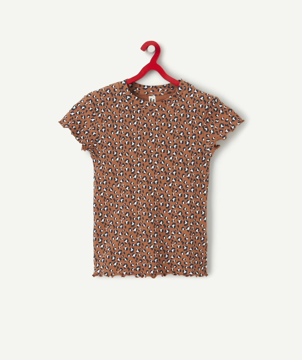 T-SHIRT FILLE EN COTON BIO MARRON CÔTELÉ ET IMPRIMÉ LÉOPARD