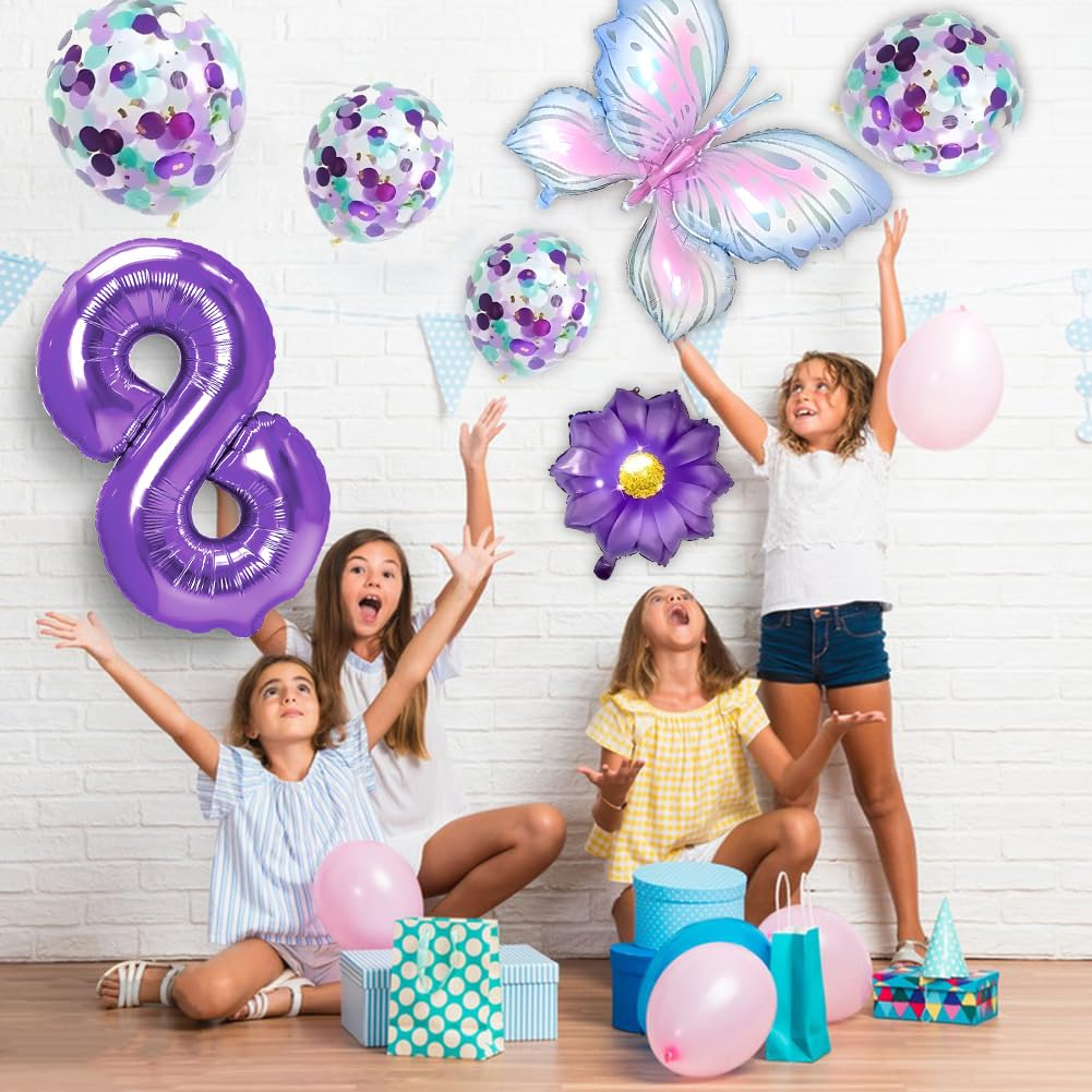 (7-tlg. Set) Zahlen Ballon Kinder Geburtstags Party Folienballon inkl. Latex Luftballons - Zahl 8 / Schmetterling