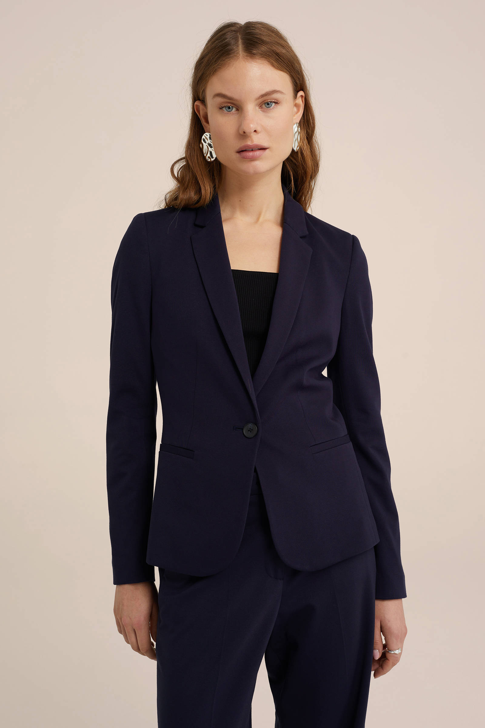WE Fashion jersey getailleerde blazer Liz donkerblauw