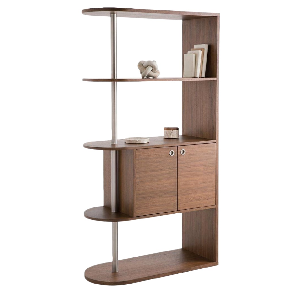 Étagère design en bois noyer avec portes et étagères ouvertes – 120 x 35 x 180 cm