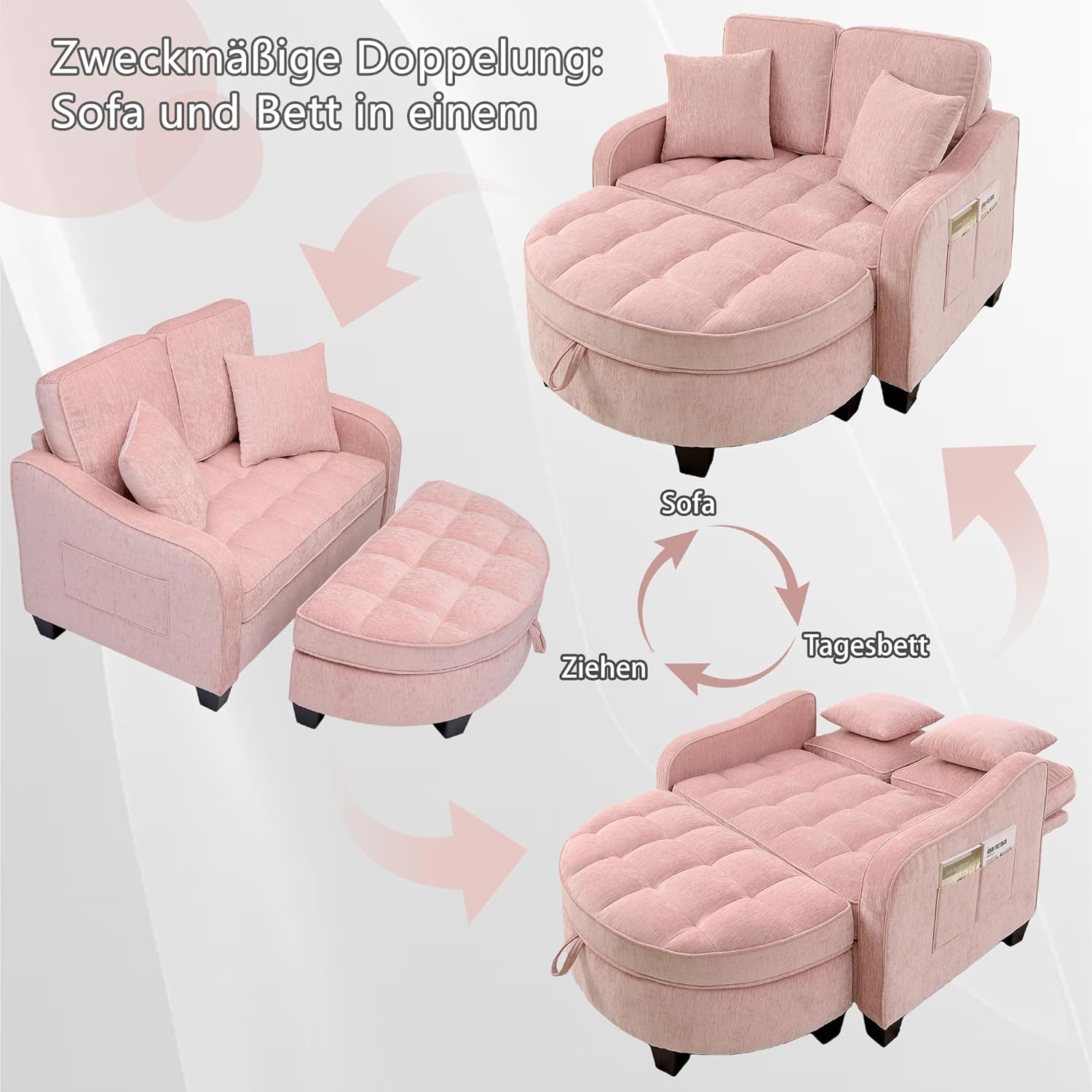 Sofa mit Schlaffunktion, 2-in-1 Schlafsofa, Modulares Sofa, Aufbewahrungs-Hocker & 4 Kisse, für Kleine Wohnzimmer, Studienzimmer, Schlafzimmer, 132×129×93cm (Rosa)