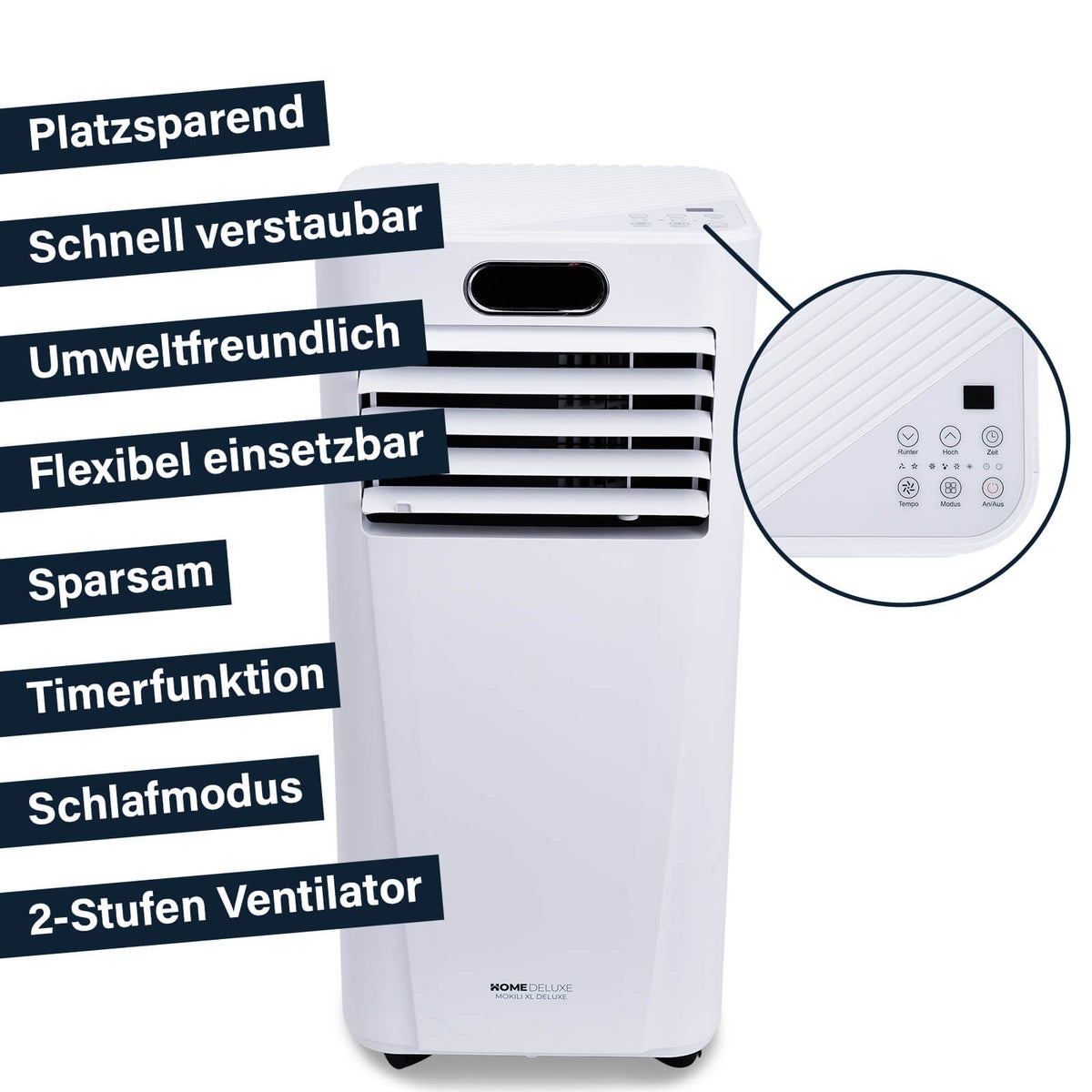 Home Deluxe - Mobiele Airconditioner SET MOKLI XL DELUXE - 9000 BTU/h (2600 Watt) - Draagbare airconditioner met 5-in-1 systeem: koelen, verwarmen, ontvochtigen, ventileren, nachtmodus