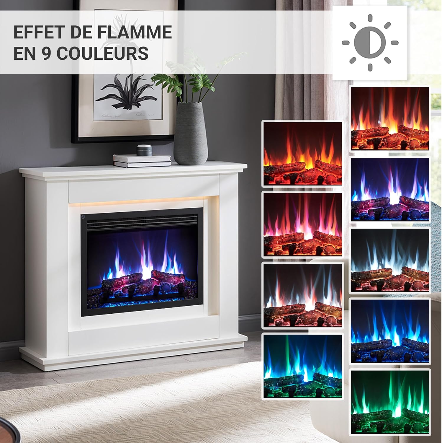 BALDERIA Baldur Elektrokamin - Standkamin mit Heizung bis 2000W, 3D-Flammeneffekt, LED-Beleuchtung, Knister-Sound, App-Steuerung, WiFi, Fernbedienung, Timer, Thermostat - Weiß