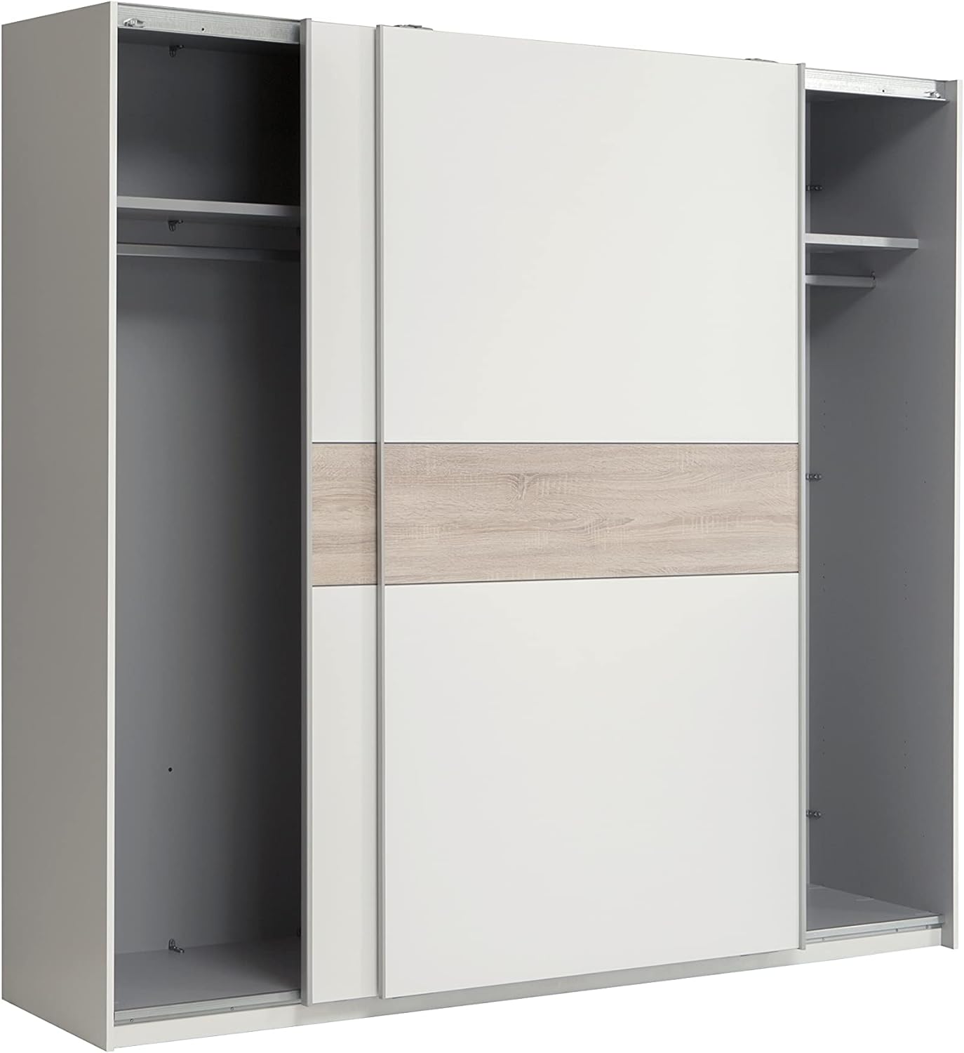 FORTE WINNER PLUS Schrank 220, Kleiderschrank Schwebetürenschrank Skandinavisch Schlafzimmer 2-türig Einlegeböden Kleiderstange, Weiß / Holzdekor: Sonoma Eiche, 220 cm breit x 210 cm hoch x 61 cm tief