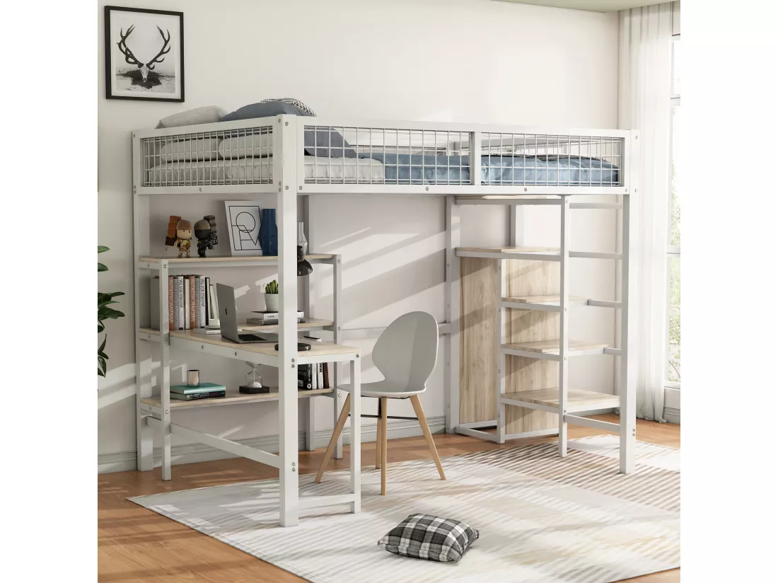 Lit mezzanine 140 x 200 cm avec bureau en L, armoire et étagères - Métal + MDF - Sommier à lattes - Blanc (sans matelas)
