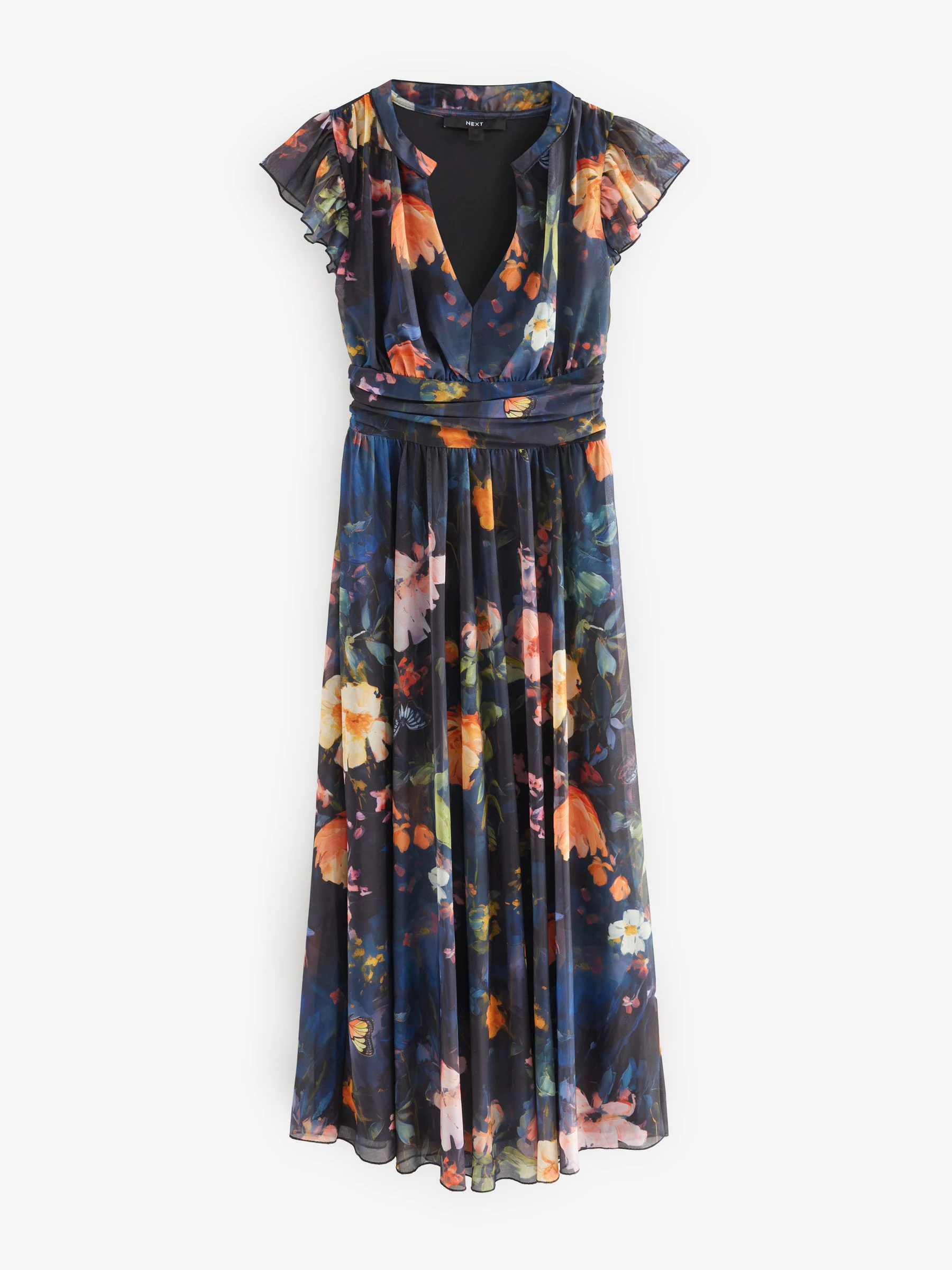 Marineblauw met bloemenprint - Halflange geplooide mesh gelegenheidsmaxi-jurk met print en V-hals