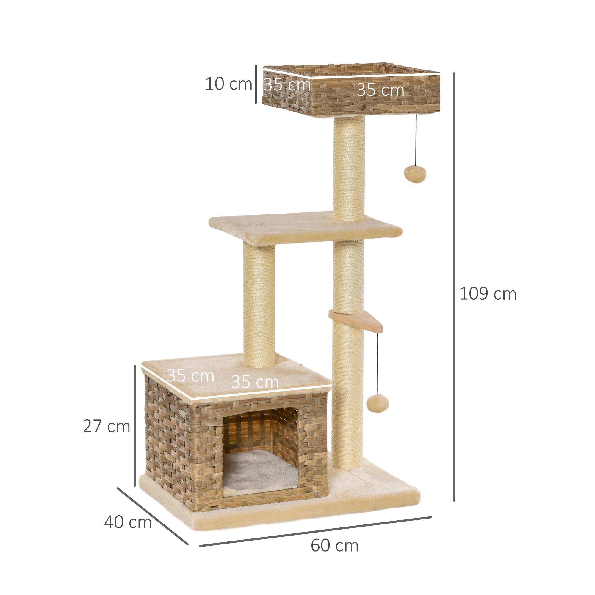 PawHut Kratzbaum mit Rattanhöhle braun, beige 60 x 40 x 109 cm (LxBxH)