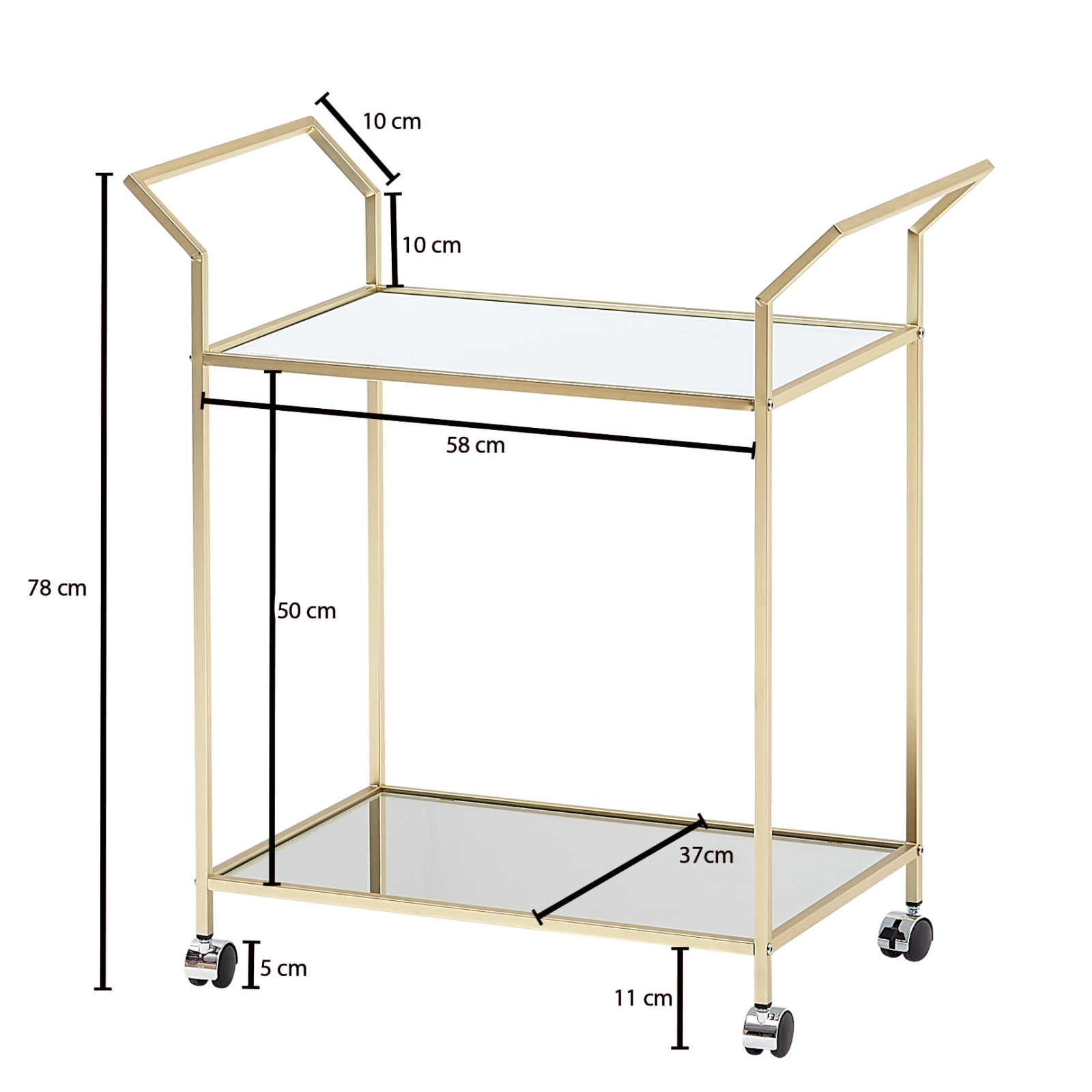 Servierwagen - gold - Glasablagen - 78 cm hoch