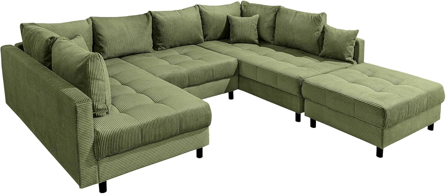 Riess Ambiente Moderne XXL Wohnlandschaft Kent - 305cm - grün Cord - Bigsofa inkl. Hocker mit Federkern Couch