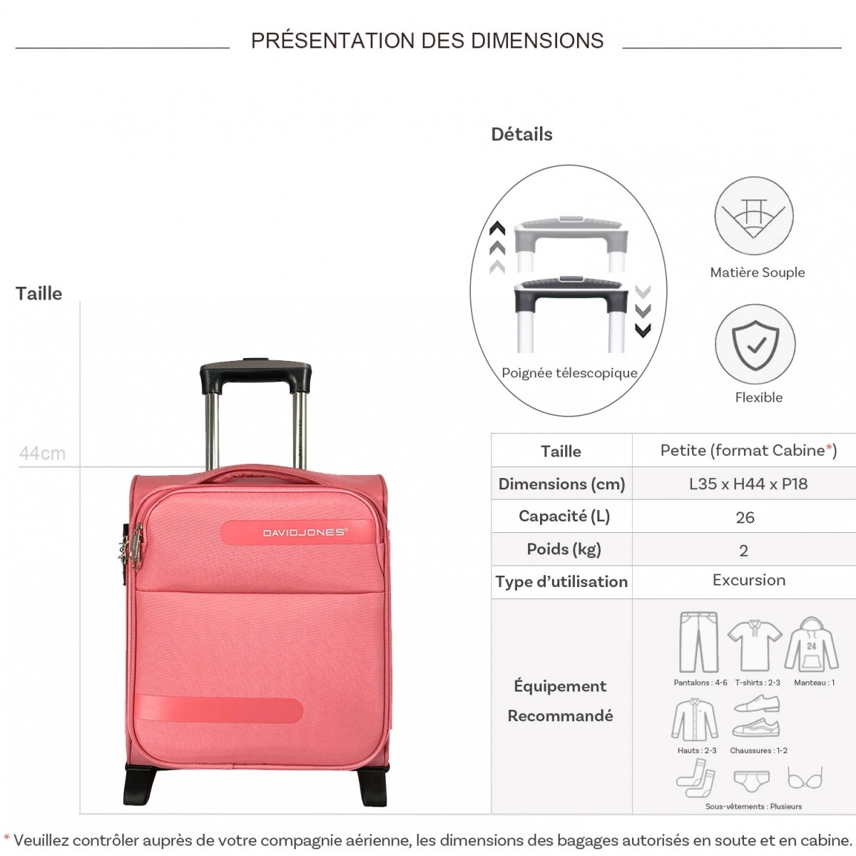 David Jones Valise cabine XS underseat souple David Jones 44cm