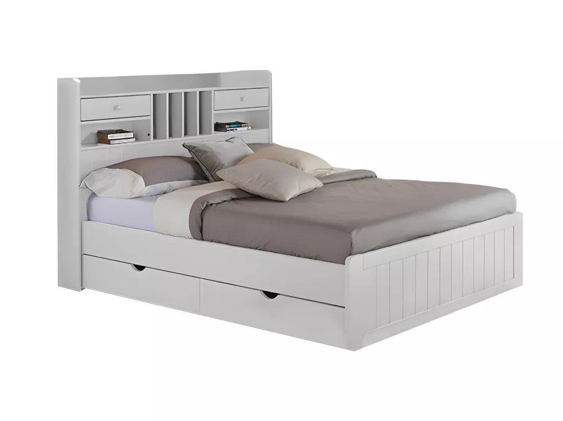 Lit avec rangements 140 x 190 cm - Pin - Blanc + Sommier - MEDERICK
