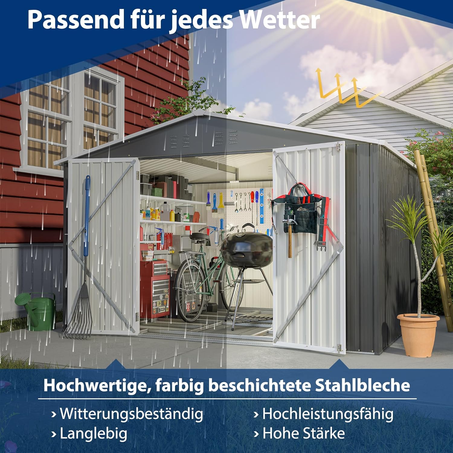 Metall Gerätehaus Gartenhaus Geräteschuppen Garten Schuppen Inkl. Metallfundament (ohne Boden), Metall Gerätehaus mit Pultdach, Geräteschrank für Garten (Schwarz 8x10)