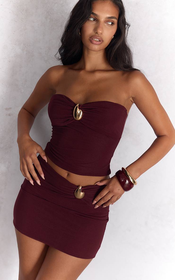 Rouge Bordeaux Top Bandeau Chocolat Avec Détail Bordure Dorée