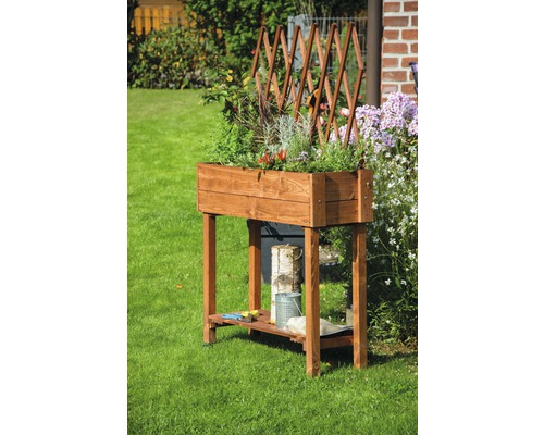 Verhoogd tuinbed op palen met trellis, mobiel, 79 x 28,5 x 130 cm, bruin gebeitst