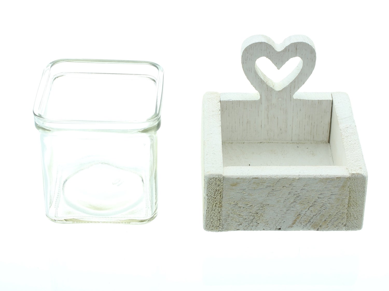 FRANK FLECHTWAREN | Theelichthouder met wit hart, 10 x 10 x 8,5 cm, HOUT, GLAS