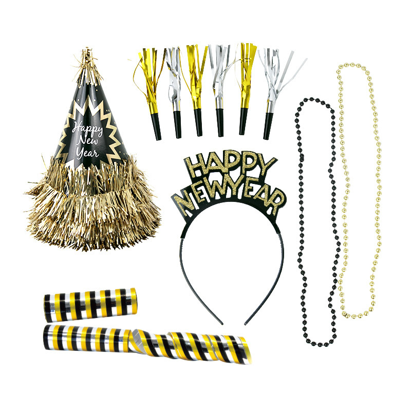 (26-tlg. Set) Silvester Party Accessoires Glitzer Haar Schmuck inkl. Haarreif / Hut / Tröte / Halskette / Luftschlange - Silber / Gold / Schwarz