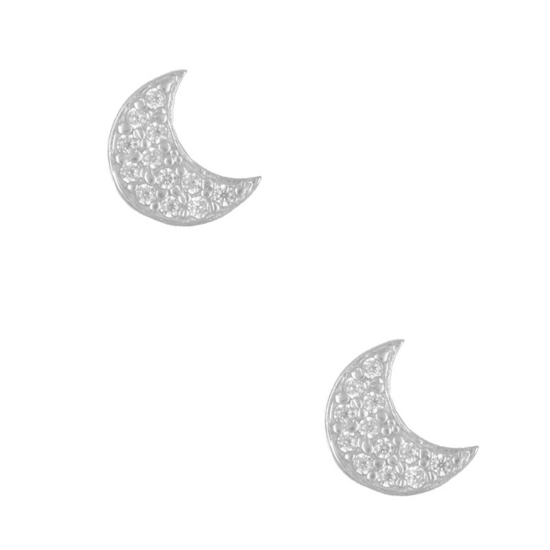 Boucles d'Oreilles Or Blanc Serties de Zirconiums - Lune