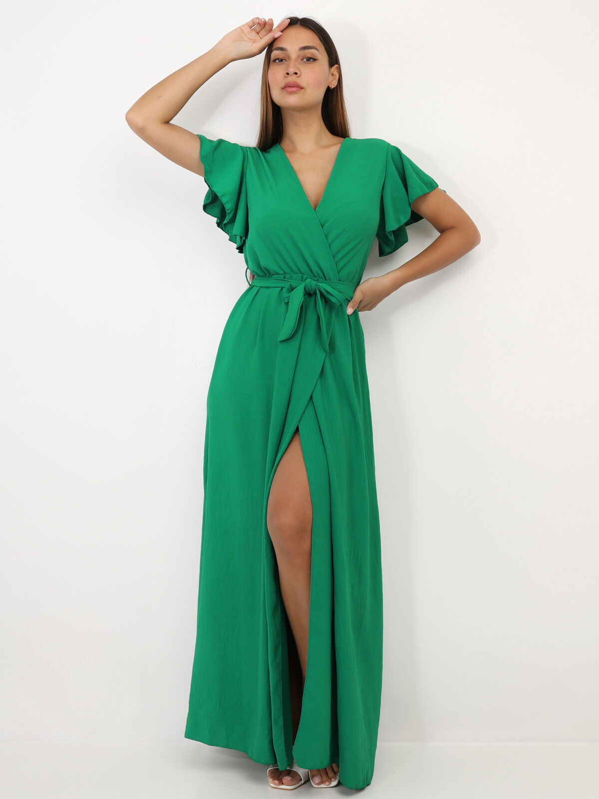 Robe longue fendue à col cache coeur- Vert