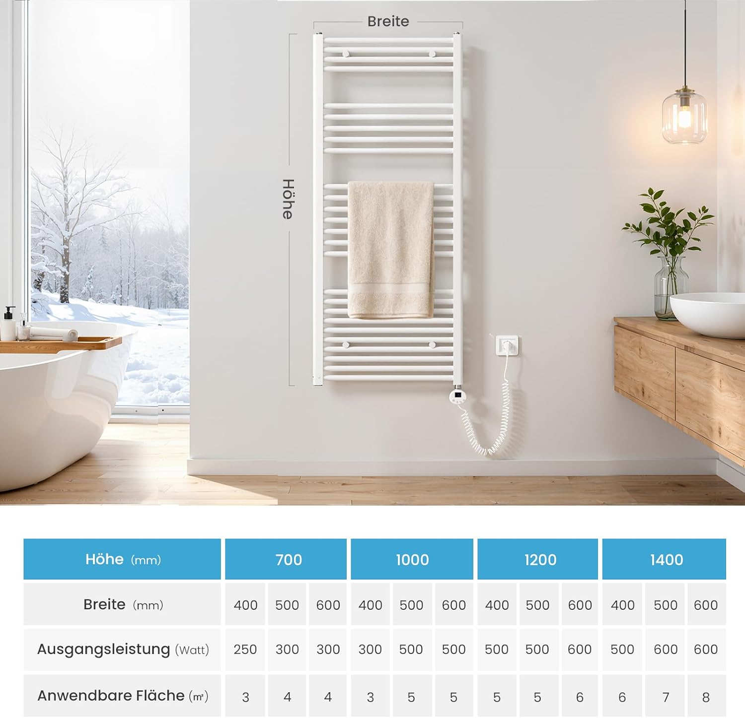 Heilmetz Smart WiFi Badheizkörper Elektrisch 70x40cm Elektrischer Handtuchtrockner mit Thermostat und Timer-Funktion Gerade Handtuchheizkörper Weiß 300W