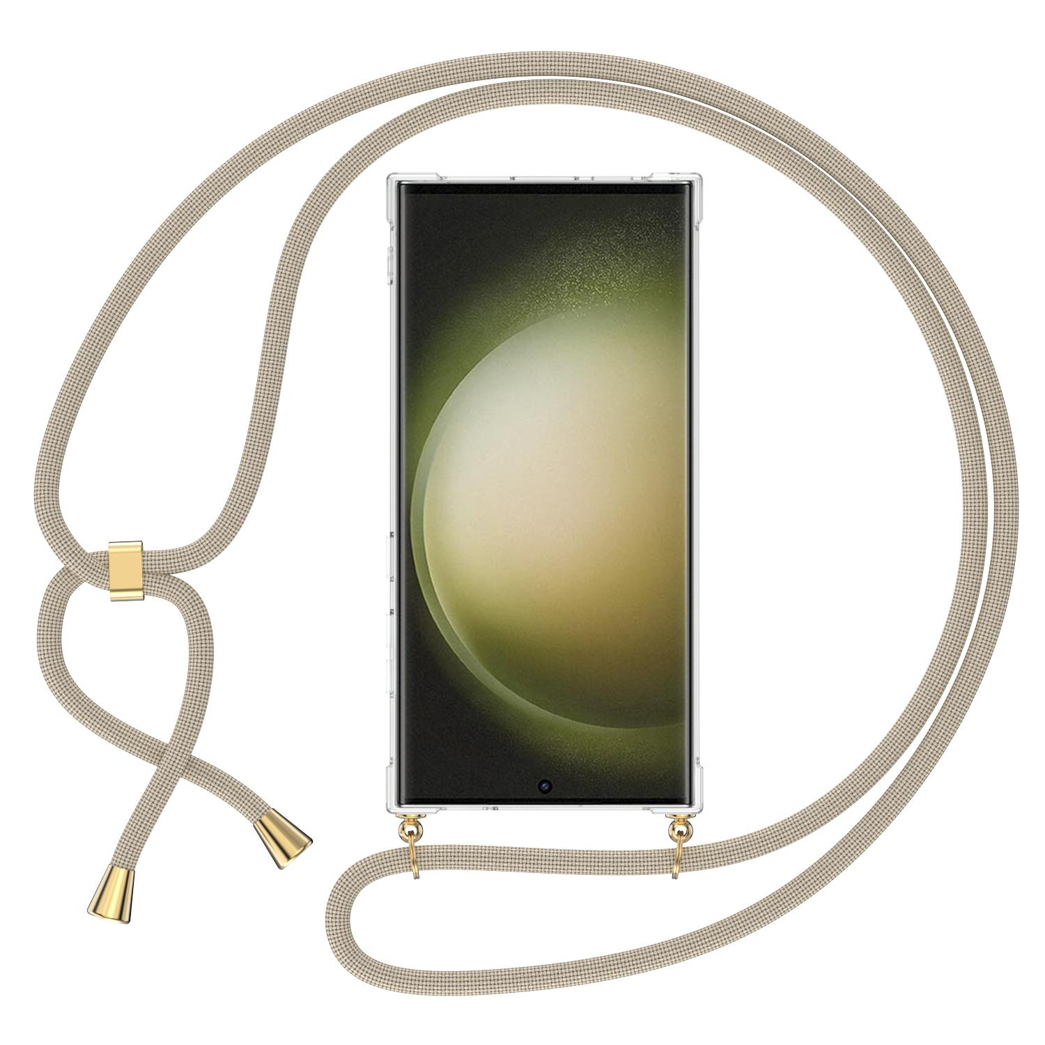 Samsung Galaxy S23 Ultra 5G Necklace Gummi Hülle Air Cushion Fallschutz   Handykette (150cm) - Beige / Gold