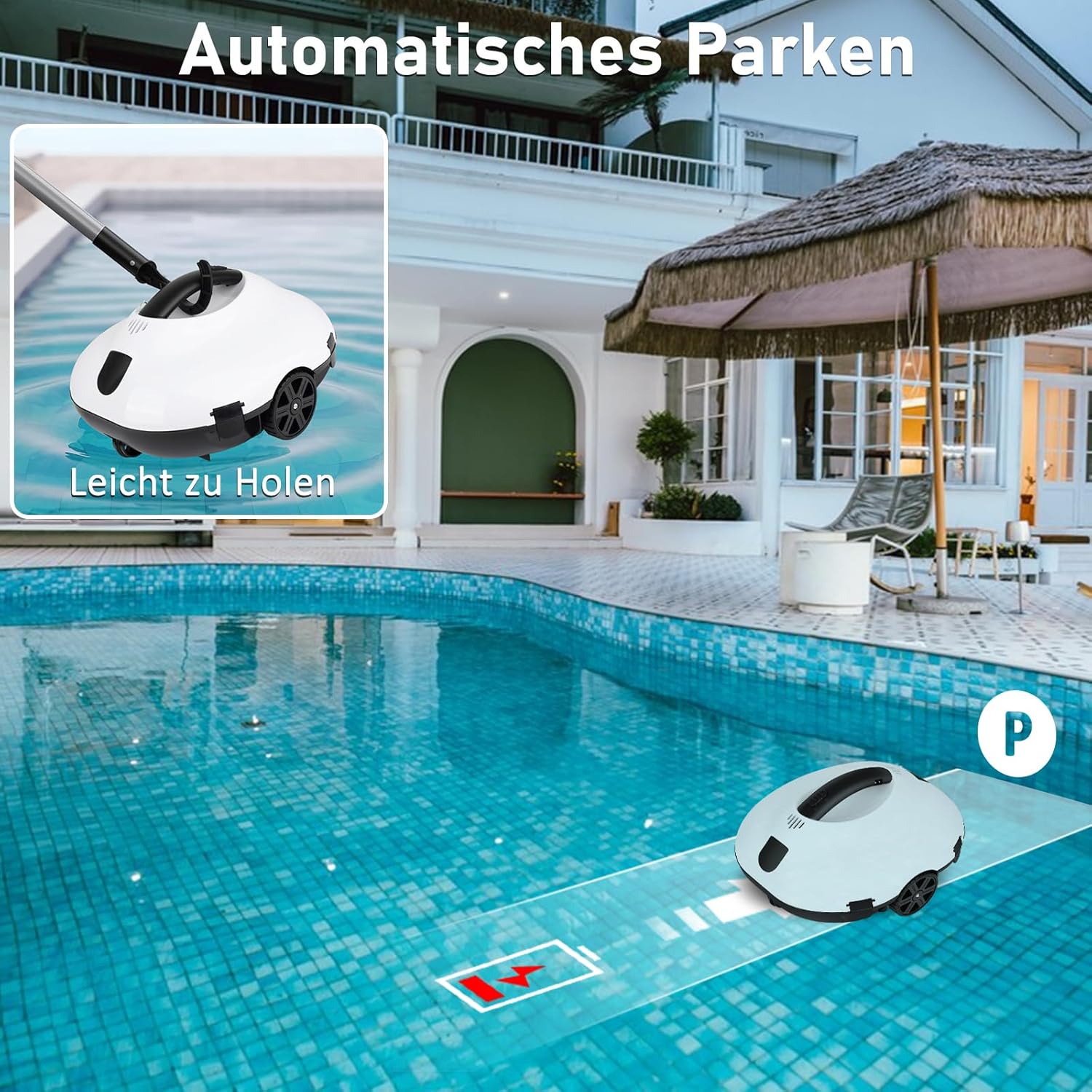 COOLWEST Poolroboter Akku, 130 Minuten Reinigungszeit, Pool Roboter Kabellos, Automatische Poolreiniger mit Selbsteinparkfunktion, Pool Saugroboter für Rundpool und Aufstellpool