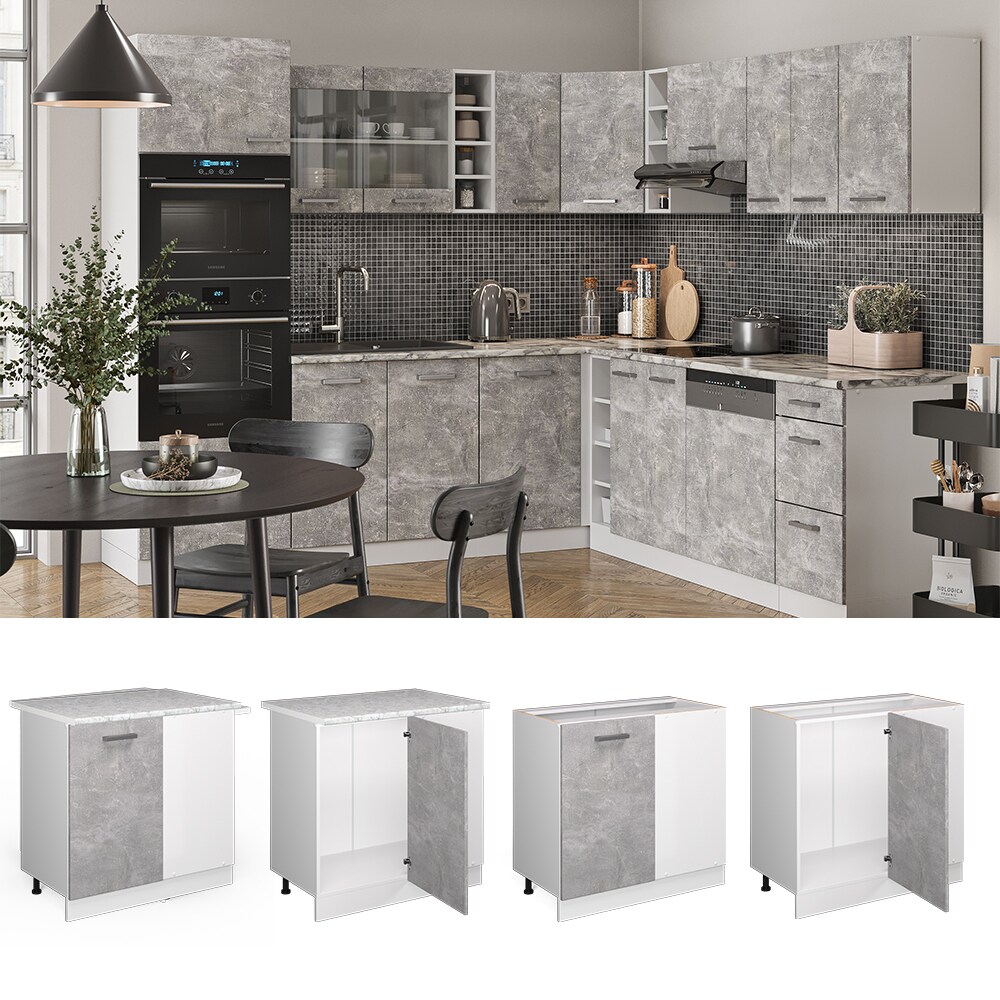 Vicco Eckunterschrank Küchenschrank Küchenzeile R-Line 86 cm Weiß Beton Tür Arbeitsplatte